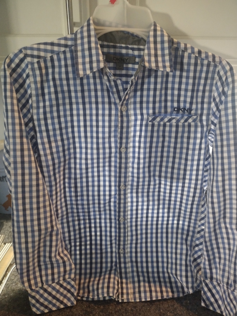 DKNY Blue and White Gingham Button-Down Shirt